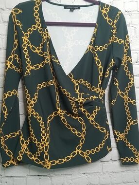 Boston Proper Green Chain-Print Wrap Blouse